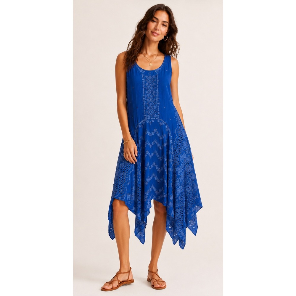 Johnny Was Royal Blue Eyelet Embroidered Sharkbite Midi Dress XS